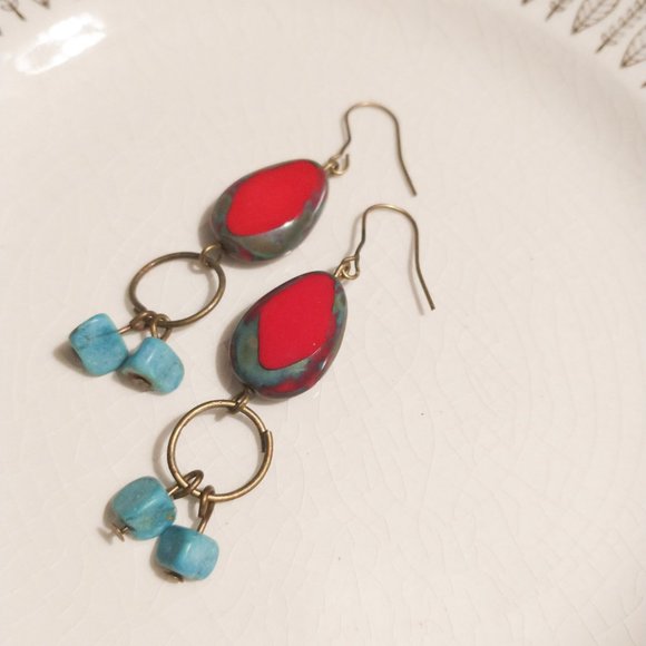 Handmade Drop Earrings - turquoise, red - Picture 2 of 3
